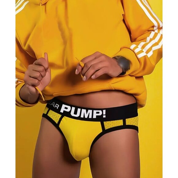 Pump! Mens Yellow Mesh Brief Underwear Size L Sexy Jock Fast Shipping - Picture 3 of 7